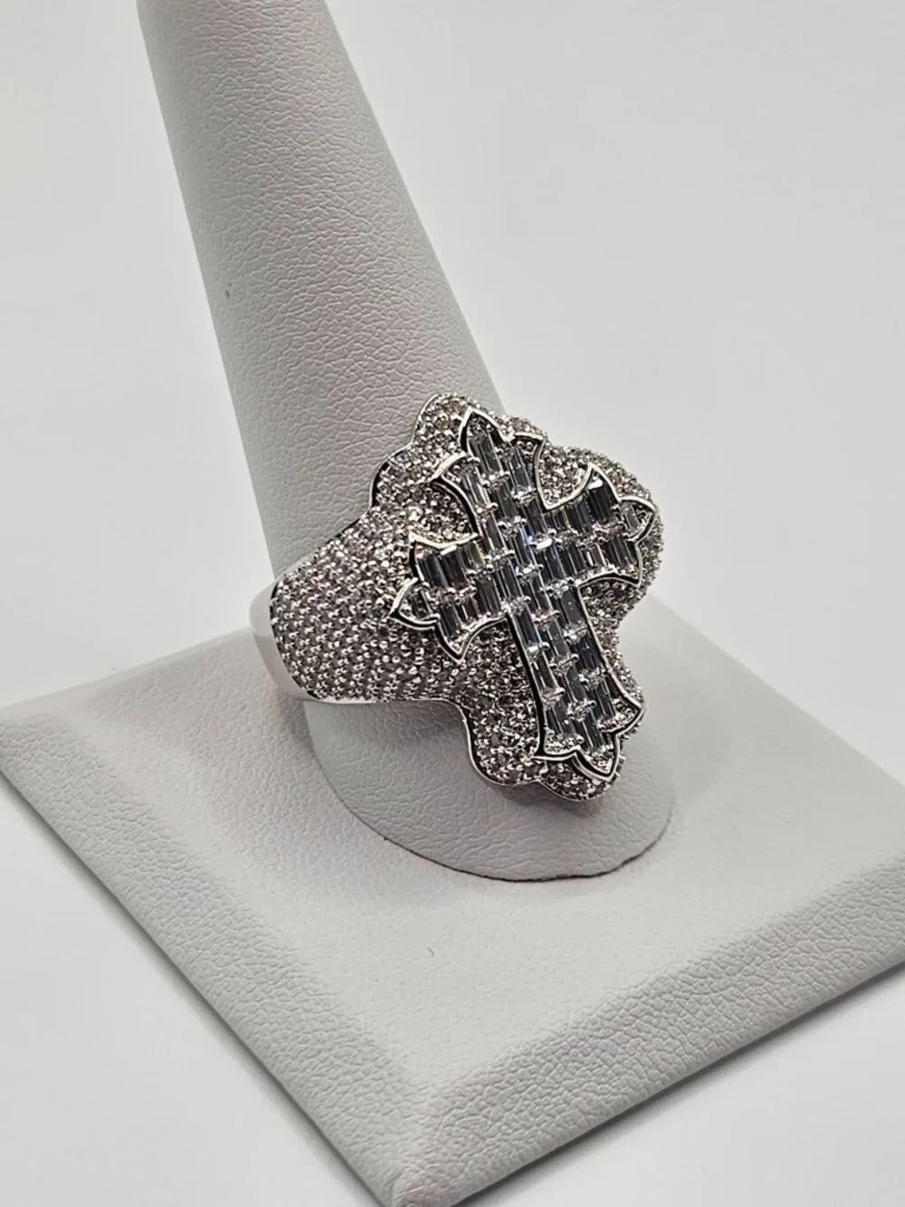 Iced Out Silver Filled Cross Ring 5A CZ Baguette Iced Out Size 11